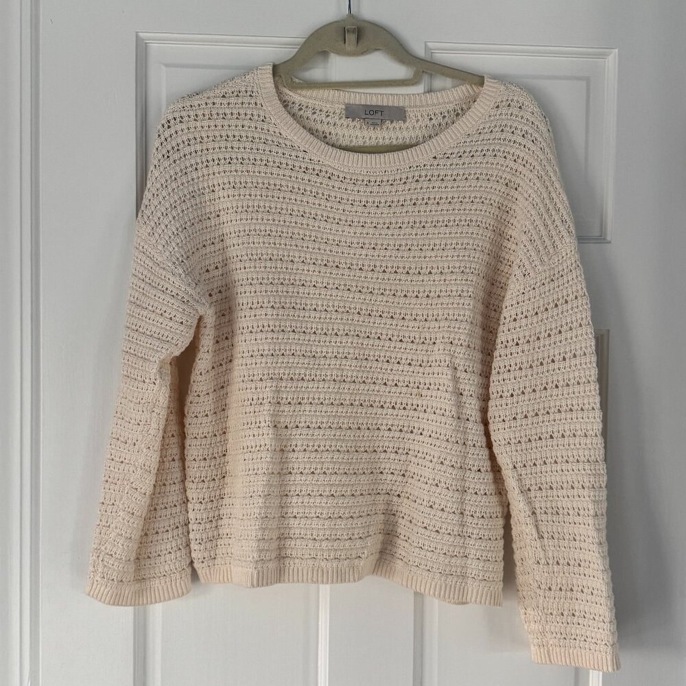 LOFT Cream Open Knit Sweater Womens Medium Cropped Lightweight Pullover